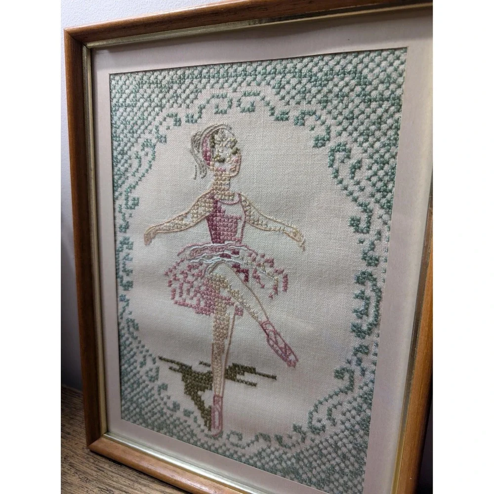 1968‎ Vintage toe point ballerina hand-stitched on linen in frame